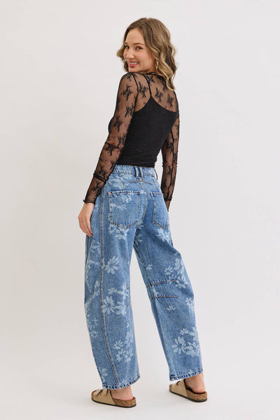 Floral Print Denim Barrel Jeans