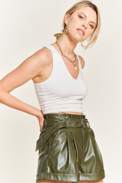 High-rise waist Belted Faux Leather Short JJB5001