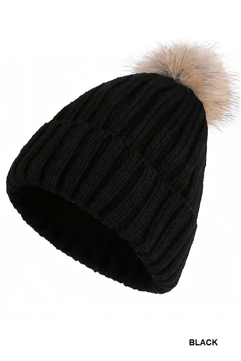 Ribbed Knitted Pom Pom Beanie
