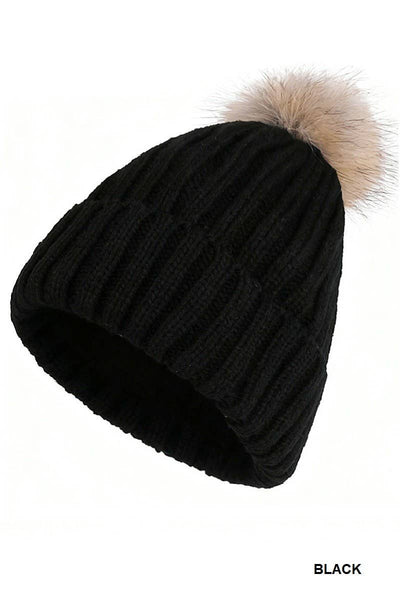 Ribbed Knitted Pom Pom Beanie