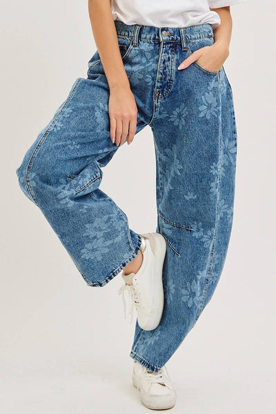 Floral Print Denim Barrel Jeans
