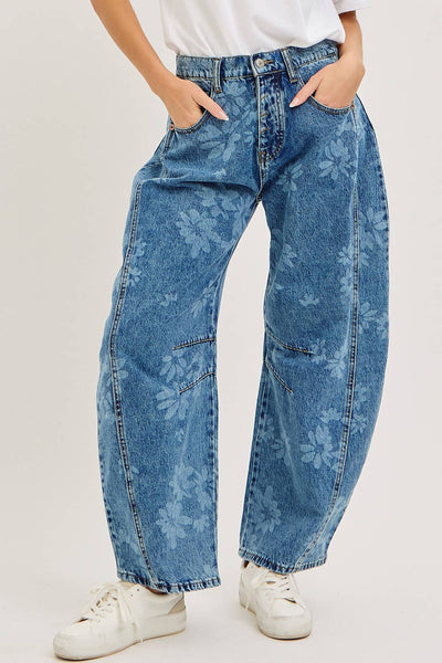 Floral Print Denim Barrel Jeans