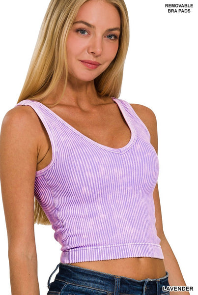 WASHED RIBBED CROPPED BRA PADDED V-NECK TANK TOP