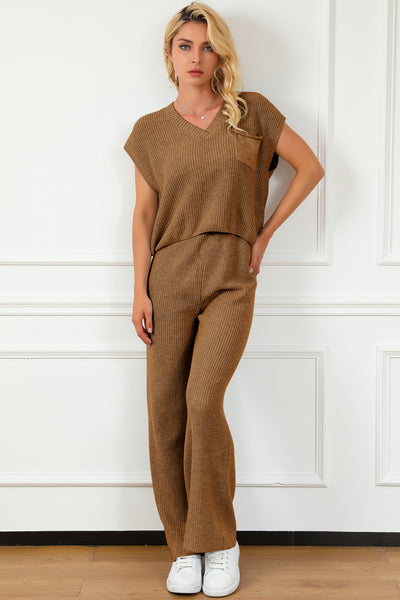 Pocketed V-Neck Top and Wide Leg Sweater Set
