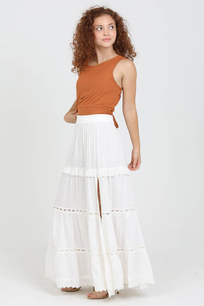 Tiered Maxi Skirt with Lace Trim and Slit