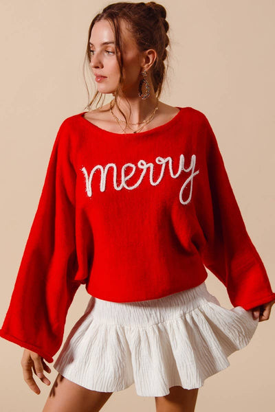 Merry Tinsel Lettering Christmas Sweater Top