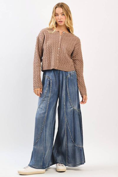 WASHED CHAMBRAY TIER DETAIL WIDE LEG PANTS