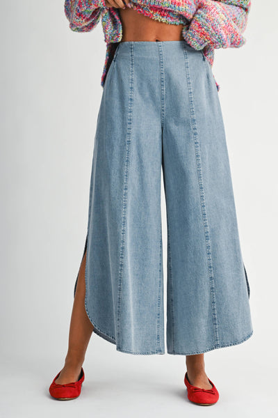 Denim Wash Wide Leg Midi Pants
