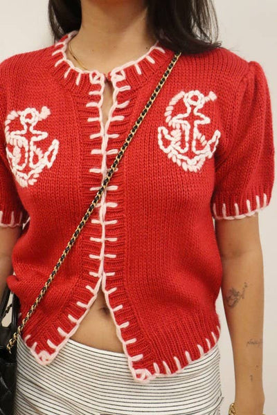 Anchor Embroidered Contrast Trim Knit Cardigan