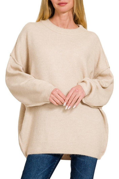 Oversized Round Neck Raw Seam Melange Sweater