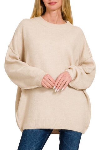 Oversized Round Neck Raw Seam Melange Sweater