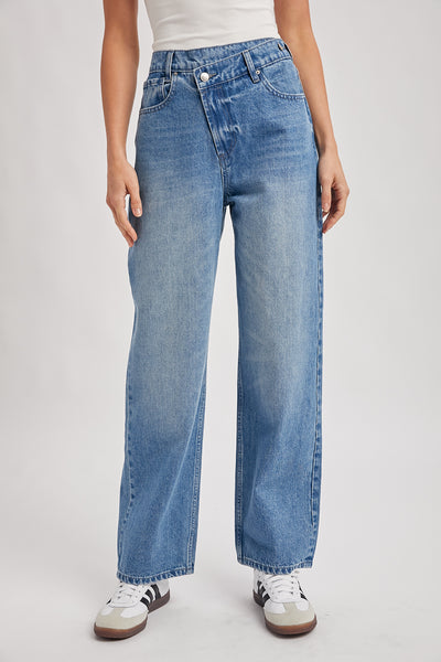 DEMIM HIGH RISE CROSSOVER BUTTON-FRONT WIDE LEG JEANS