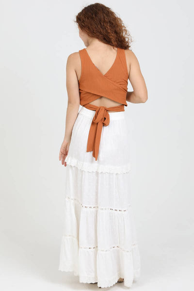 Tiered Maxi Skirt with Lace Trim and Slit