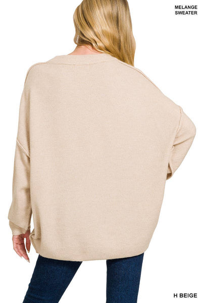 Oversized Round Neck Raw Seam Melange Sweater