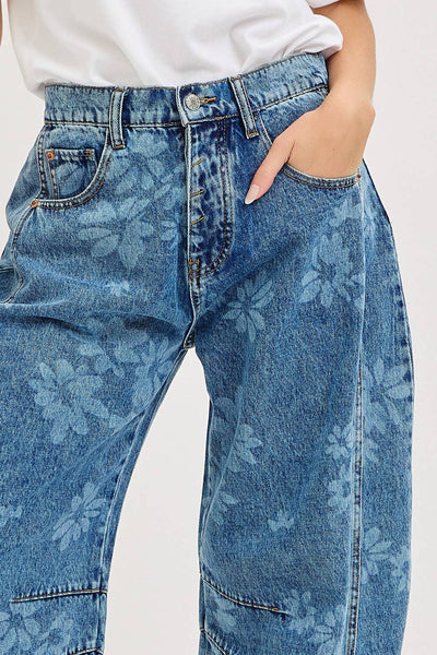 Floral Print Denim Barrel Jeans