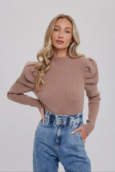 Puff Sleeves Mock Neck Pullover