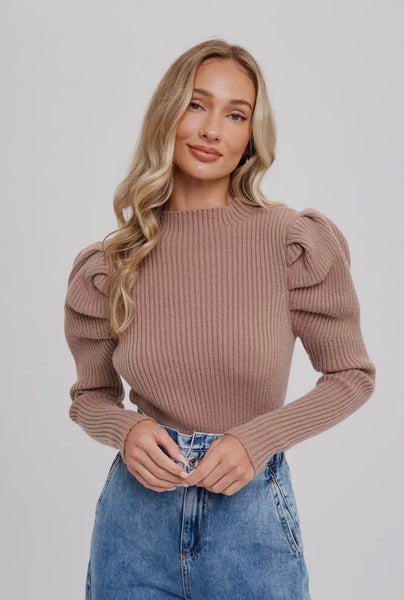 Puff Sleeves Mock Neck Pullover