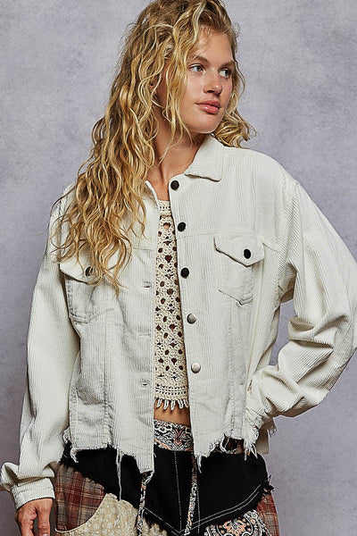 Pocket front button down distressed hem corduroy jacket