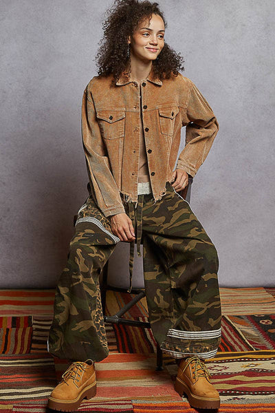 Pocket front button down distressed hem corduroy jacket