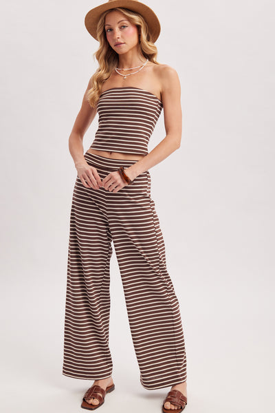 Striped Knit Tube Top And Wide Pants Set