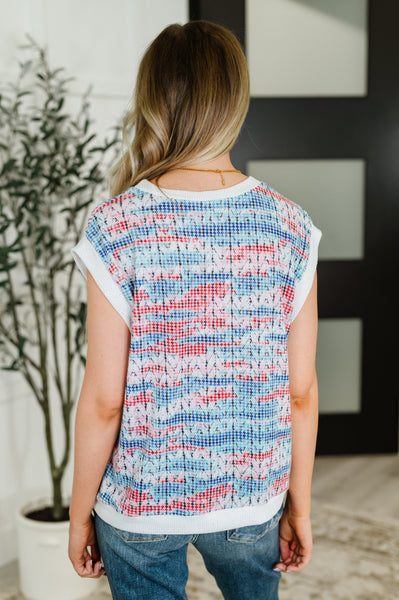 Blurred Beauty Textured Knit Top in Blue, Red and White