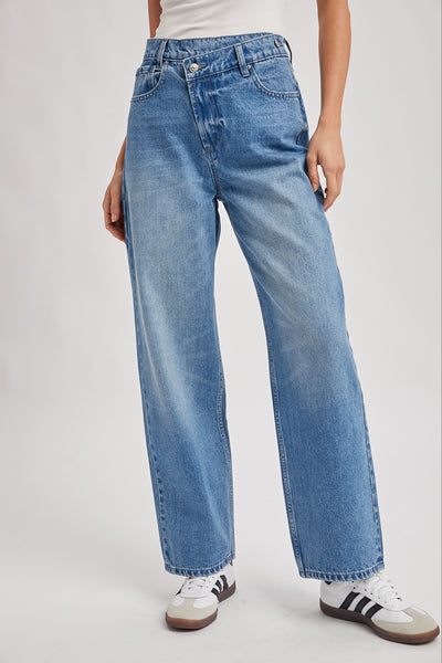 DEMIM HIGH RISE CROSSOVER BUTTON-FRONT WIDE LEG JEANS