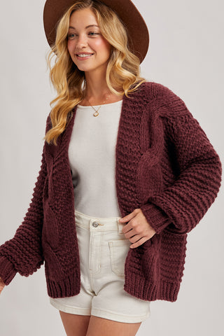 MAROON CHUNKY CABLE CARDIGAN