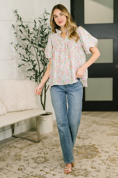 Flower Picking Notch Neck Blouse