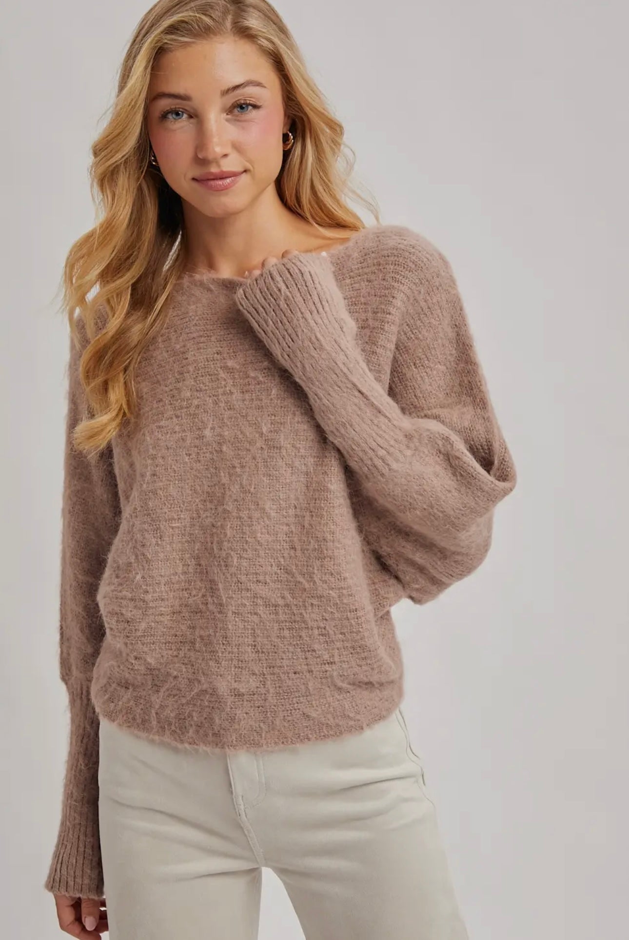 BOAT NECK BRUSHED FUZZY KNIT SWEATER