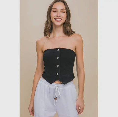 Denim Strapless Button-Up Crop Top