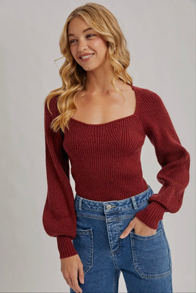 SWEETHEART NECK BISHOP SLEEVES SWEATER