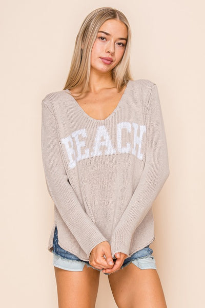 Beach Saying Knit V Neck Sweater Top