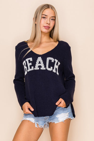 Beach Saying Knit V Neck Sweater Top