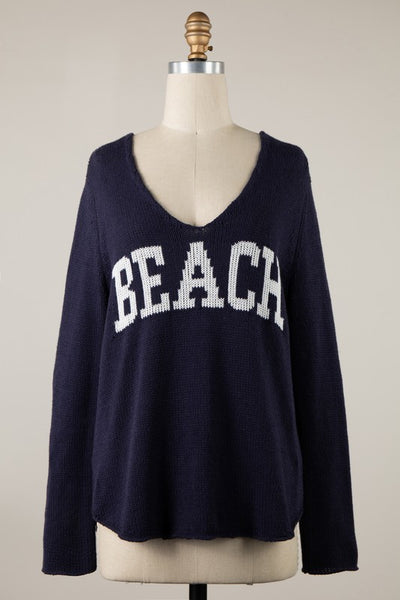 Beach Saying Knit V Neck Sweater Top