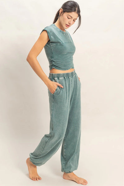 Rolled Sleeve Wrap-Front Crop Top And Jogger Set