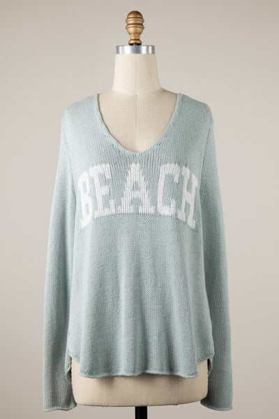 LIGHTWEIGHT BEACH SAYING KNIT V NECK SWEATER TOP
