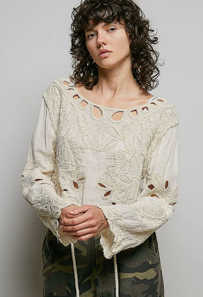 Cropped Long Sleeve Solid Crochet Top