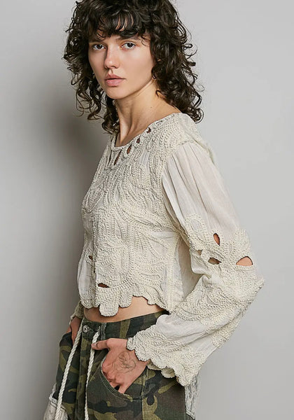 Cropped Long Sleeve Solid Crochet Top