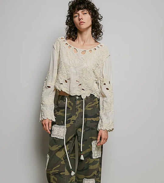 Cropped Long Sleeve Solid Crochet Top