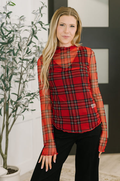 In the Present Plaid Mesh Layering Top in Red