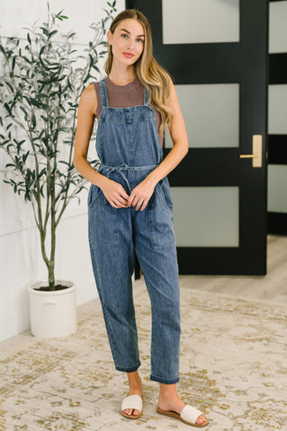 Too Cute to Compute Waist Tie Overalls in Dark Blue