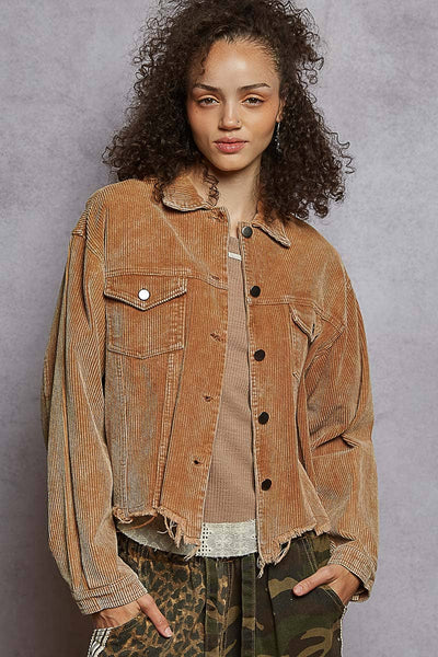 Pocket front button down distressed hem corduroy jacket