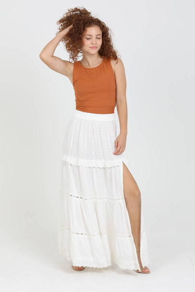 Tiered Maxi Skirt with Lace Trim and Slit