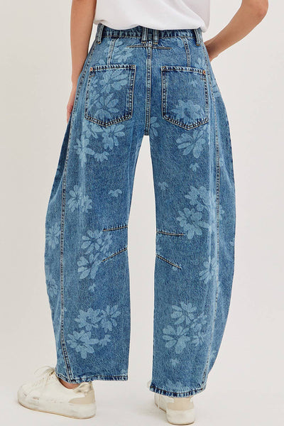 Floral Print Denim Barrel Jeans