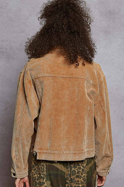 Pocket front button down distressed hem corduroy jacket