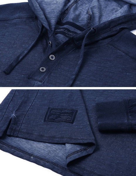 Mens Garment Dyed Casual Long Sleeve Hoodie Henley