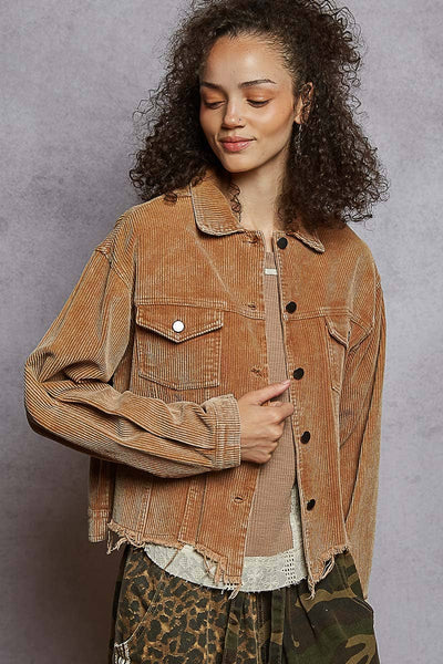 Pocket front button down distressed hem corduroy jacket