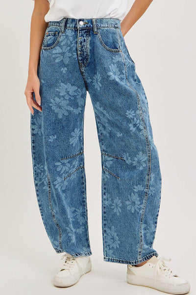 Floral Print Denim Barrel Jeans