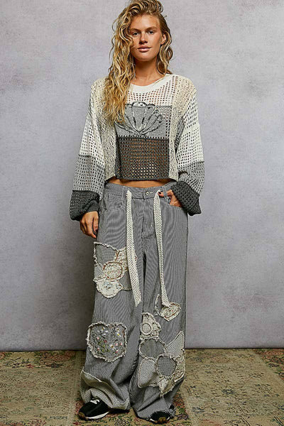 Shell Patch Stripe Weave Thin Sweater Cropped Top