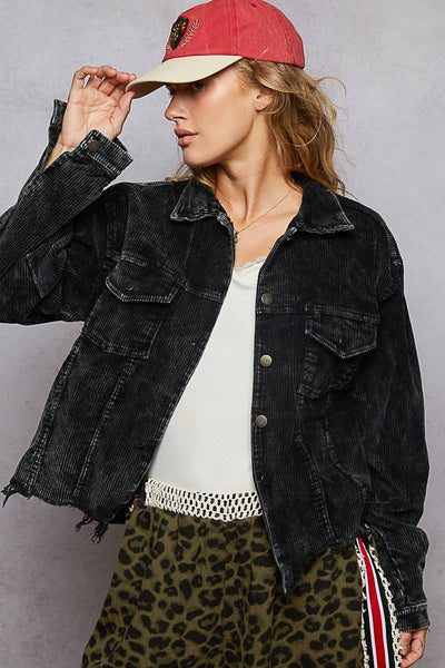 Pocket front button down distressed hem corduroy jacket